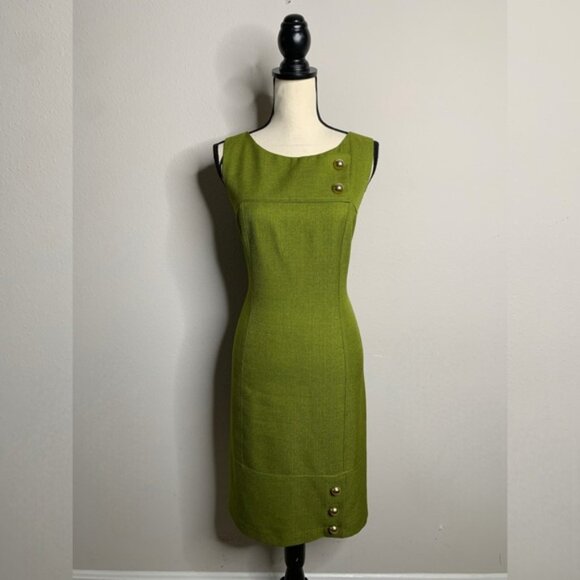 David Meister Olive Green Button Detail Sheath Dress - Picture 2 of 14